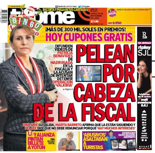 Portada impresa de Trome del jueves 30 de noviembre