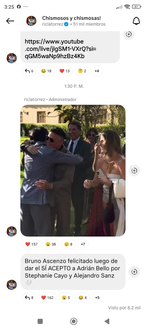 Alejandro Sanz felicitó a Bruno Ascenzo por su matrimonio con Adrián Bello. El cantante llegó con Stephanie Cayo.