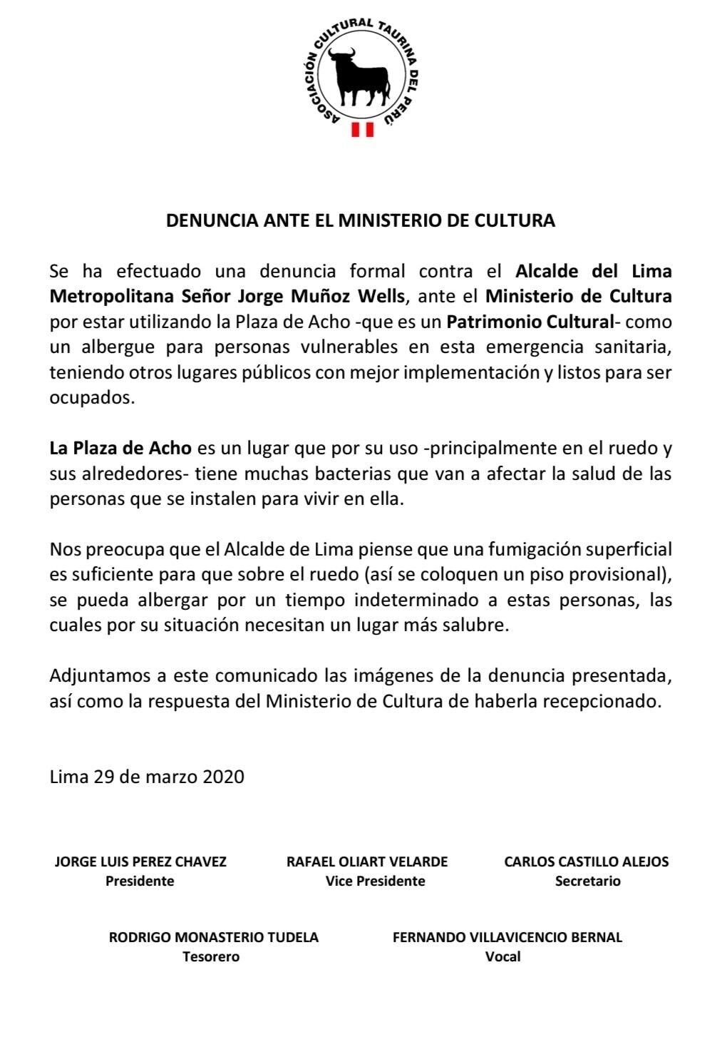 Denuncia de la Asociación Taurina del Perú