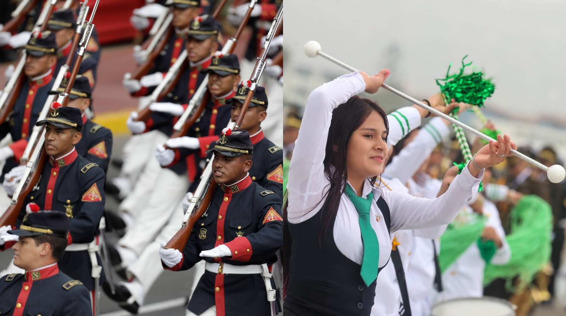 A la izquierda, una imagen típica de la Parada Militar. A la derecha, una escolar del colegio Walter Peñaloza de Huaycán ensaya para participar en el desfile del 29 de julio del 2024. Los colegios de esta parte de Lima han llamado la atención pro su singular estilo de marcha, que se aleja de lo militar.