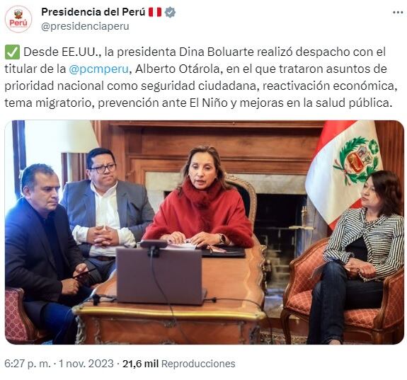 Tuit de Presidencia dando cuenta de que Dina Boluarte despachó de forma remota desde los Estados Unidos.