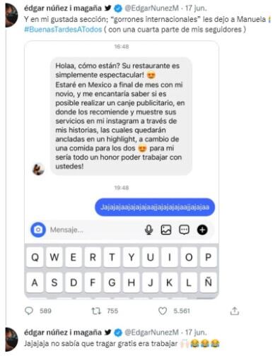 Así retrató el conocido chef mexicano el intento de "canje" de la influencer Manuela Gutiérrez (Foto: Édgar Núñez/Twitter)