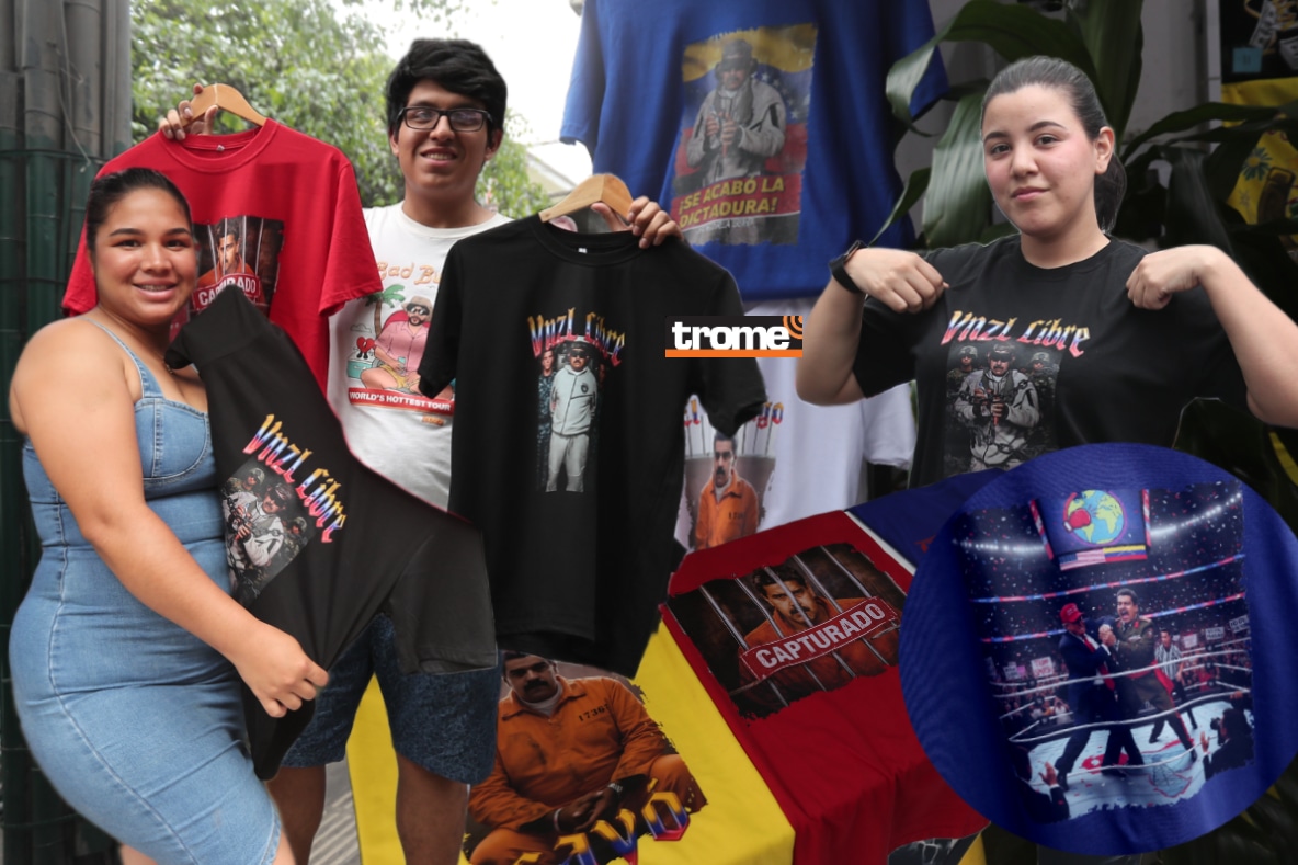 Venden polos con imágenes de la captura de Nicolás Maduro y frases 'Venezuela libre', y a la vez no quieren control de Trump. (Entrevista: Isabel Medina / Foto: Jesús Saucedo / Trome).