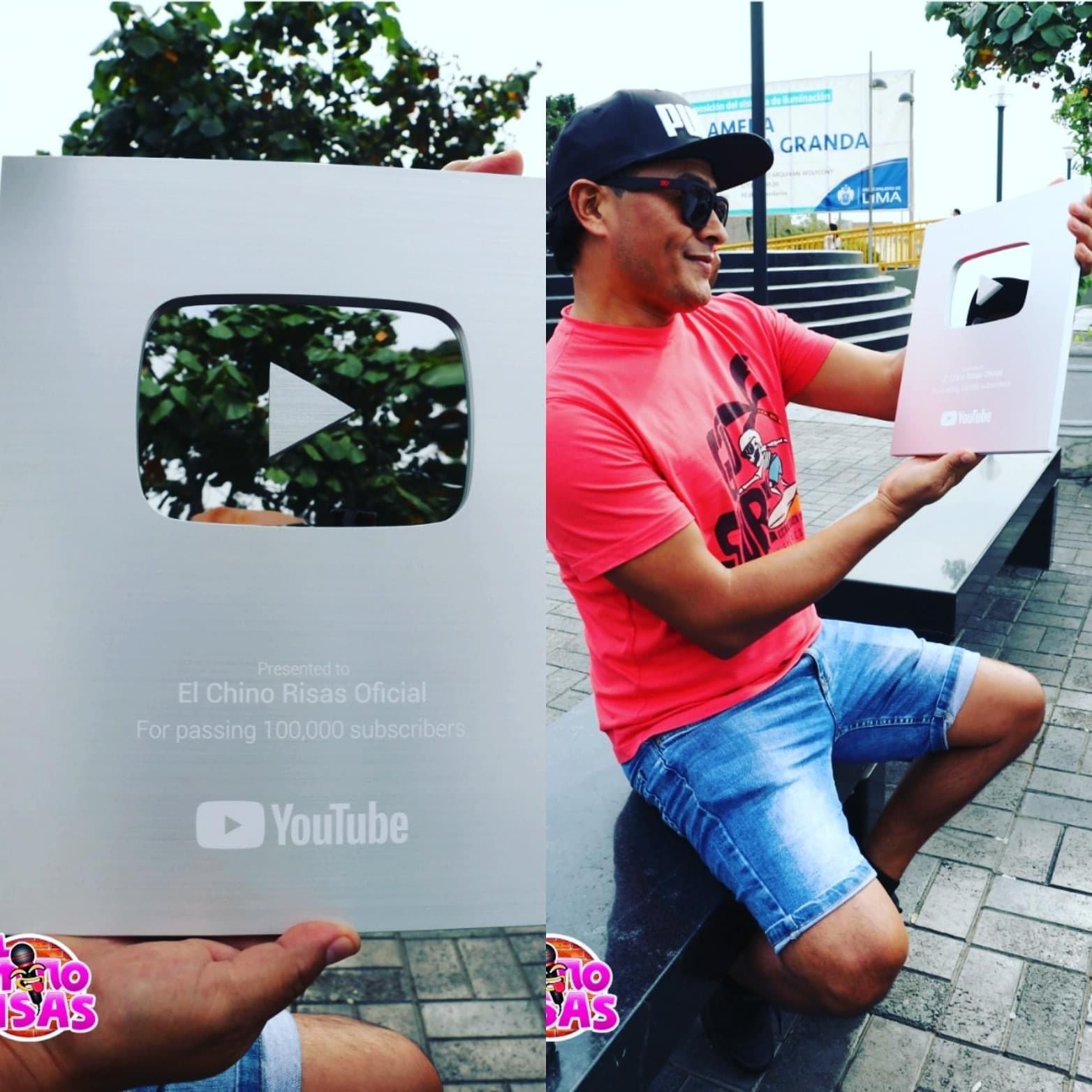 El 'Chino Risas' con su placa por los 100 mil suscriptores en YouTube. (Foto: archivo personal)