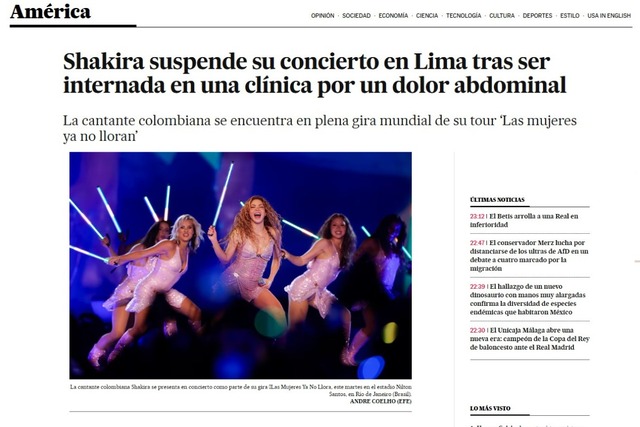 El País de España destacó que Shakira no venía al país desde hace 14 años