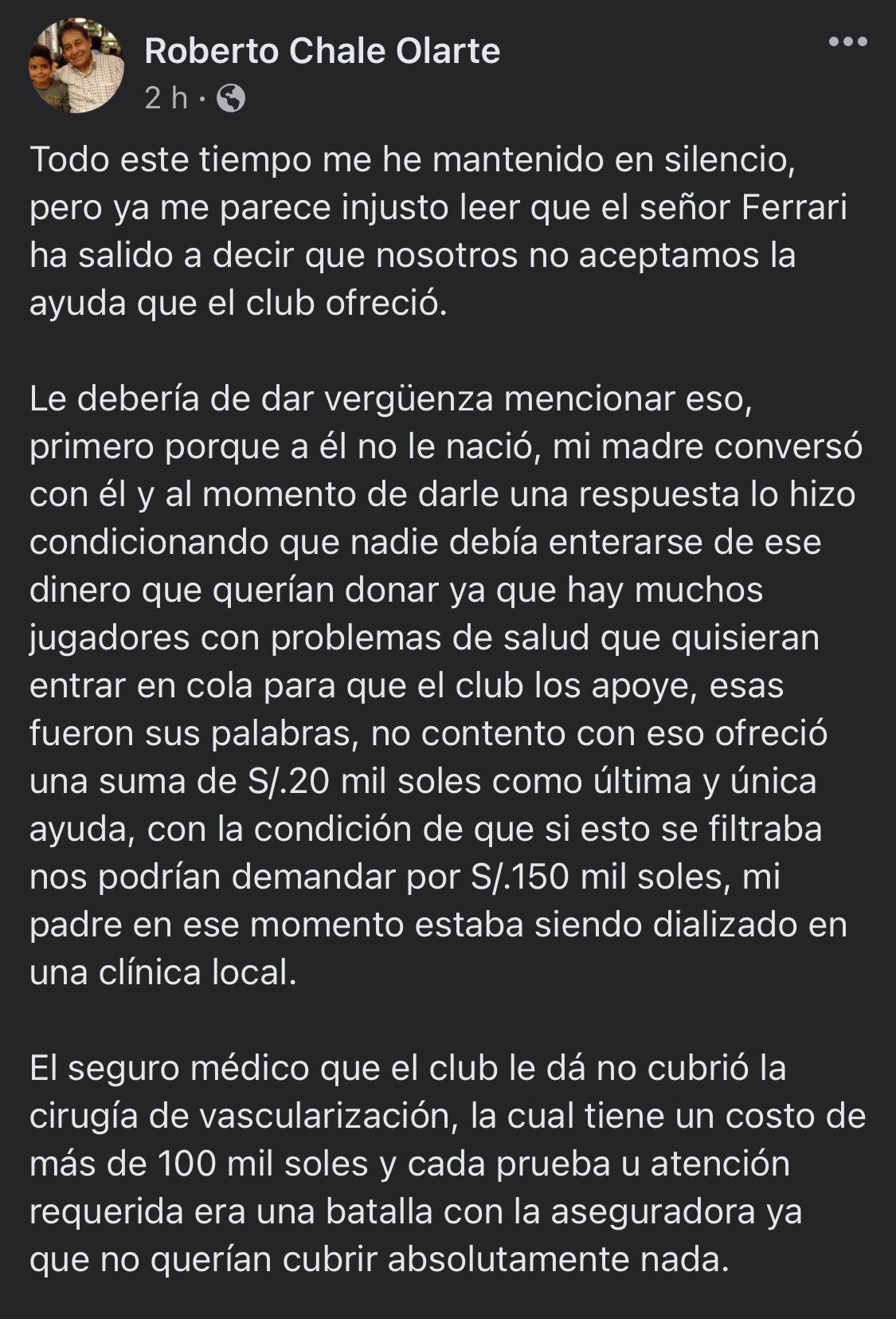 Hijos de Roberto Chale desmienten apoyo de Universitario y Jean Ferrari. Foto: Captura.