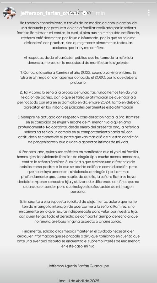 Jefferson Farfán lanza comunicado tras denuncia de Darinka Ramírez.