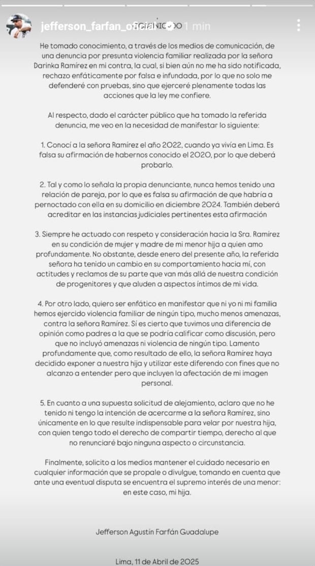 Jefferson Farfán lanza comunicado tras denuncia de Darinka Ramírez.
