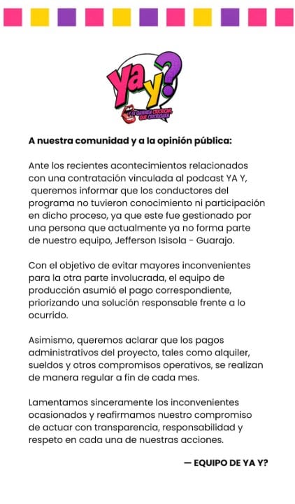 Producción de ‘Ya y?’ responde tras denuncia.