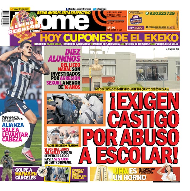 Portada Trome del viernes 18 de setiembre de 2026