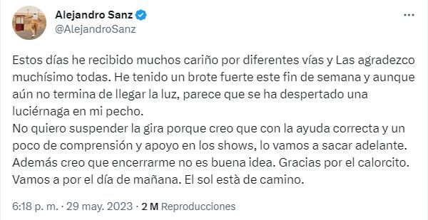 Alejandro Sanz se pronuncia en Twitter tras su alarmante mensaje. (Foto: @AlejandroSanz).