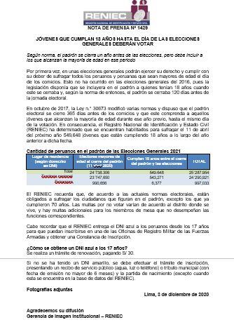 Comunicado del Reniec sobre votación de jóvenes que cumplirán 18 años el día de los comicios.