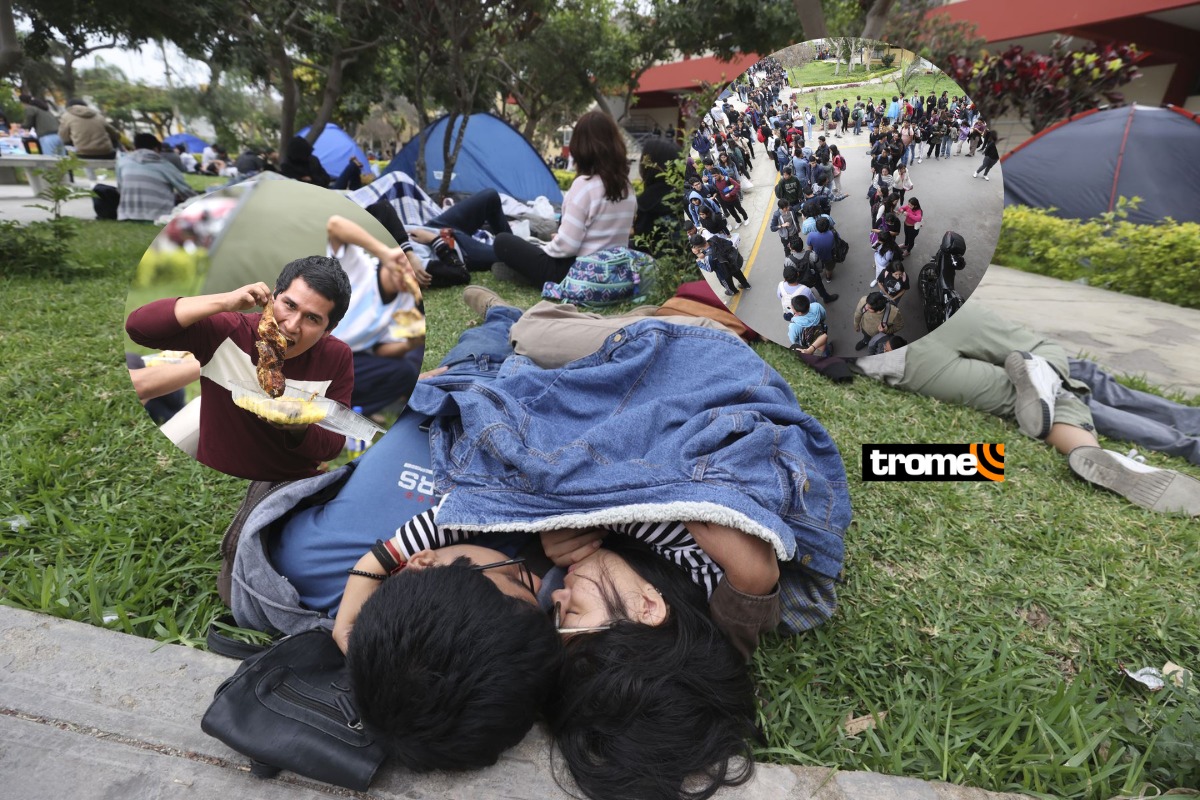 Con carpas, bolsas de dormir y frazadas, alumnos hicieron colas para conseguir el almuerzo especial de San Marcos. Fotos: ANDINA.