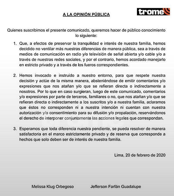 Comunicado de Jefferson Farfán y Melissa Klug | Trome