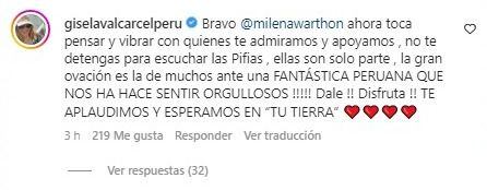 Gisela Valcárcel es criticada por comentar el post de Milena Wharton en Instagram. (Foto: Captura)