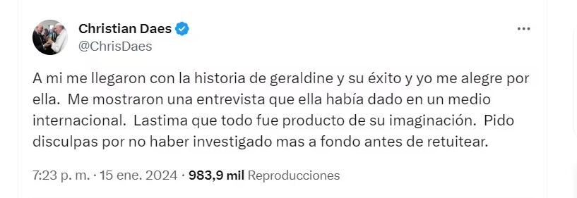 Jefe de Geraldine Fernández se retractó de felicitarla tras revelarse que mintió a Colombia y al mundo.