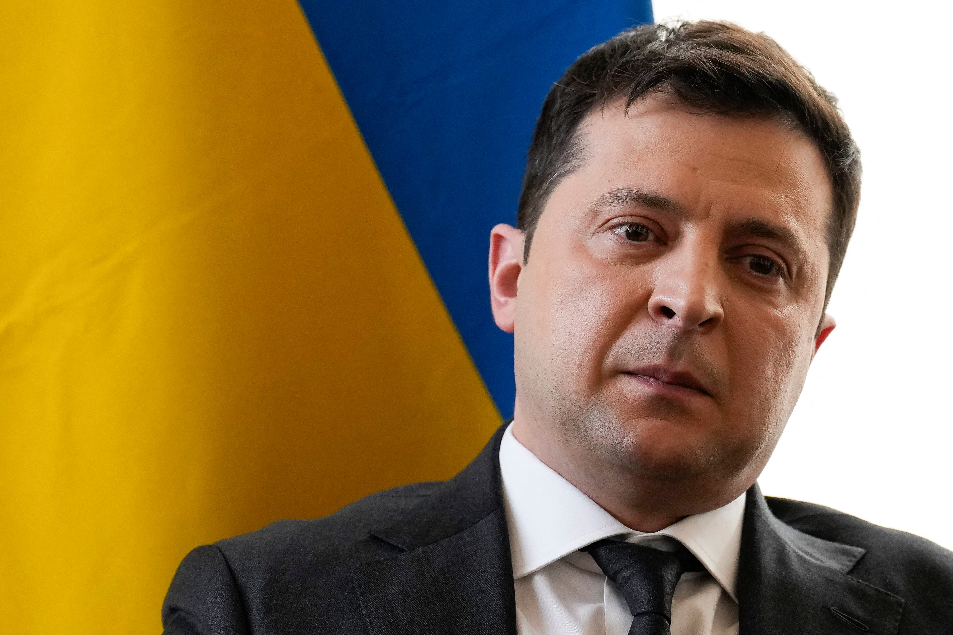 Ukrainian President Volodymyr Zelenskyy attends a meeting with Britain's Prime Minister during the Munich Security Conference in Munich, southern Germany, on February 19, 2022. - During the 58th Munich Security Conference running from February 18-20, 2022, international diplomats and experts meet to discuss topics such as global order, human and transnational security, defense or sustainability. (Photo by Matt Dunham / POOL / AFP)