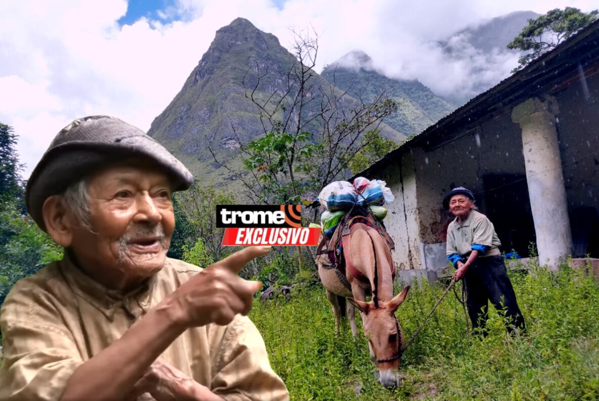 Don Marcelino Abad, 'Mashico' , el más longevo del Perú. Pasó más de cien años viviendo solito y cultivando la tierra. Ahora recibe cariño en casa hogar 'Mis abuelitos'. (Isabel Medina / Foto compos. Trome /Pensión 65).