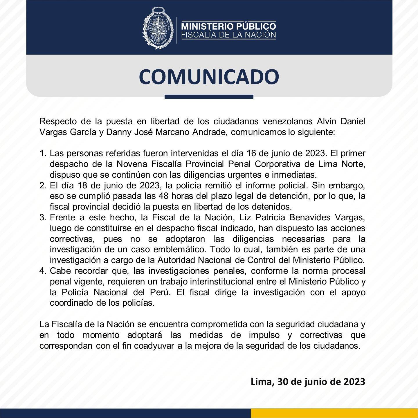 Así explicó la Fiscalía de la Nación la liberación de los cómplices del 'Maldito Cris'.