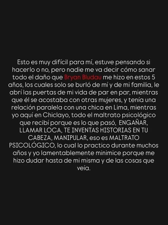 Maricely acusa a Bryan Bludau de infidelidad durante su relación.