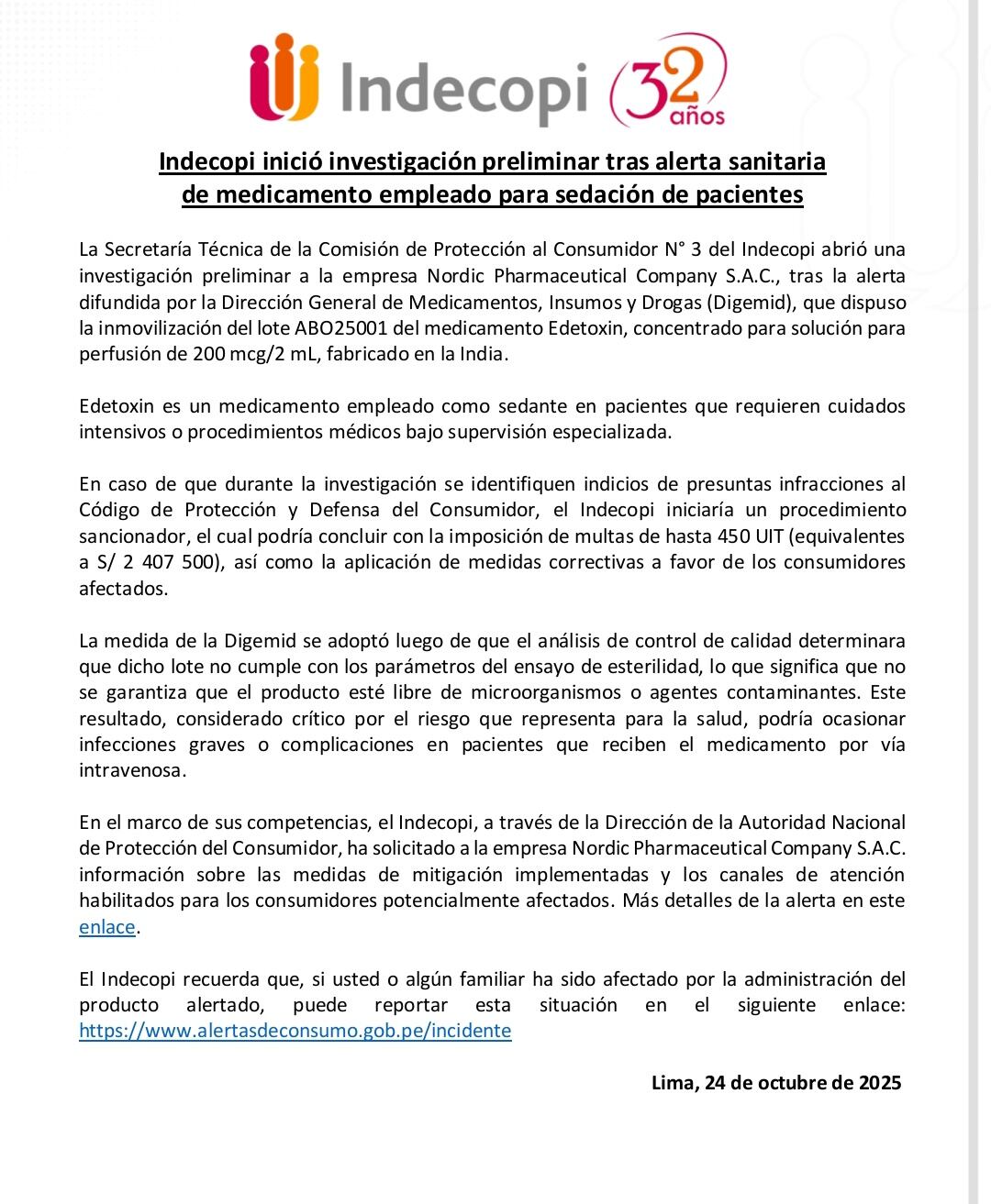 Comunicado de Indecopi