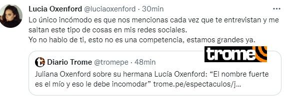 Lucía Oxenford arremete en Twitter contra su hermana Juliana.