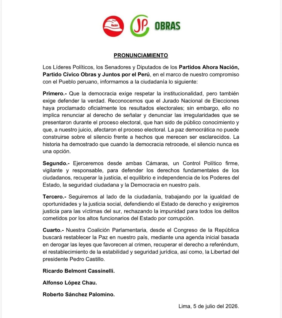 Bloque legislativo adelantó que ejercerá control político desde ambas cámaras y promoverá una agenda con reformas legislativas específicas. Foto: X.