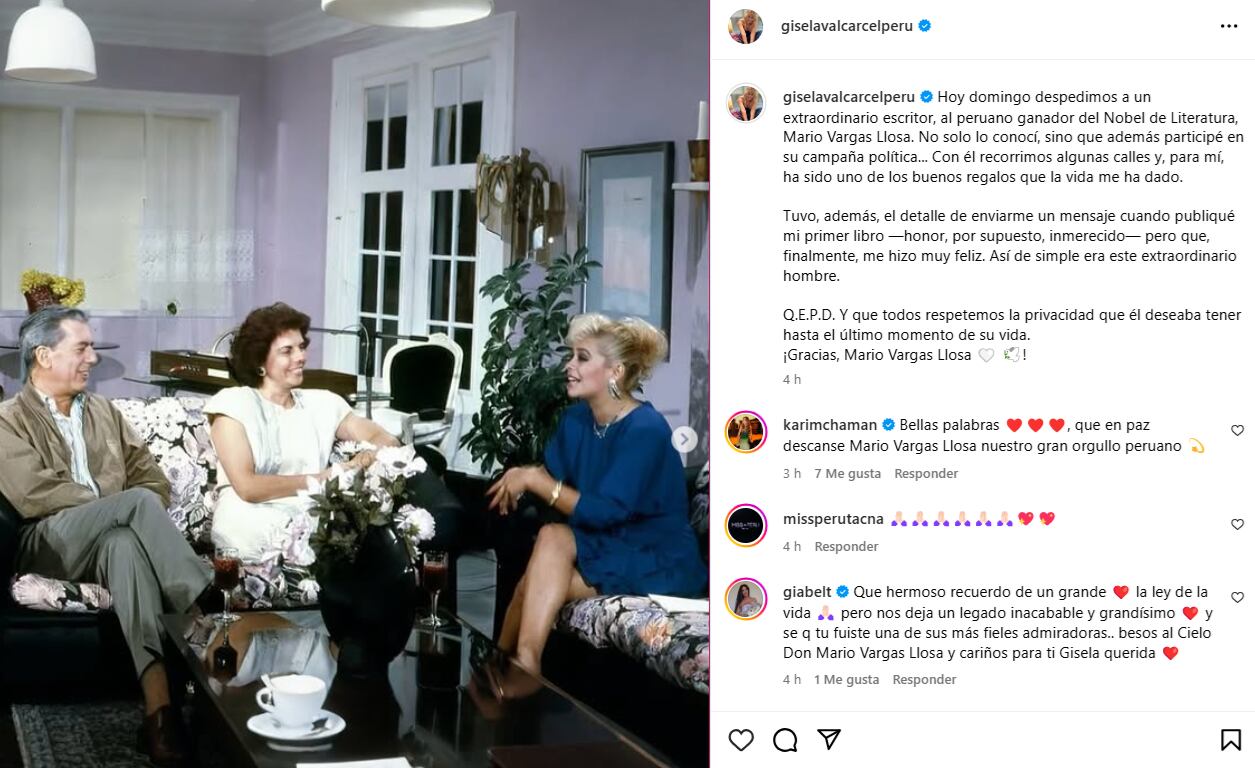 Gisela Valcárcel recuerda a Mario Vargas Llosa.