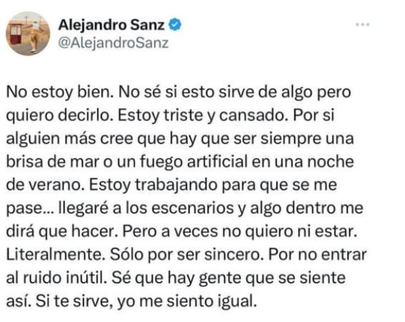 El intérprete de "No me compares" alarmó a todos sus seguidores (Foto: Alejandro Sanz / Twitter)