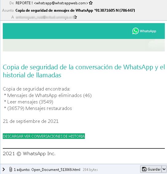 Mensaje falso de la copia de seguridad de WhatsApp.