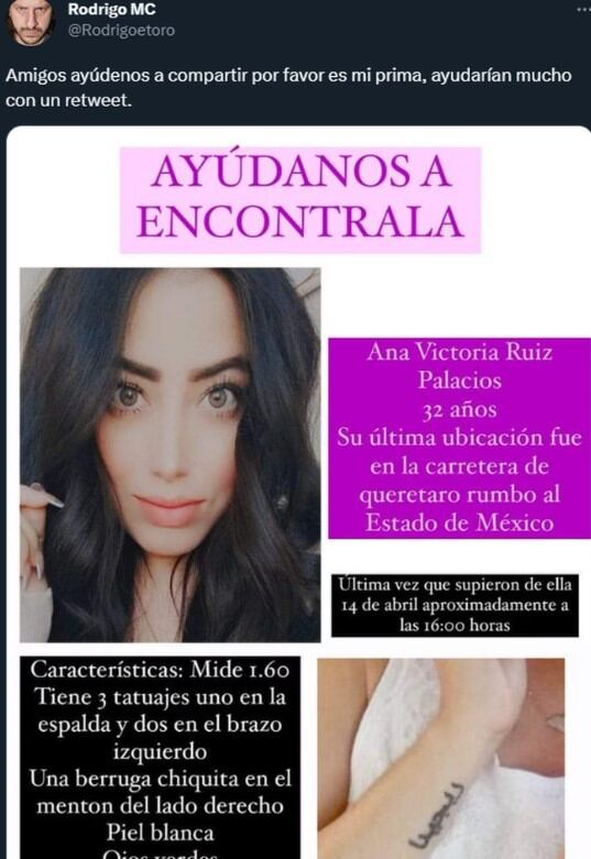En Twitter son varios mensajes que piden la ubicación de la joven (Foto: Rodrigo MC/Twitter)