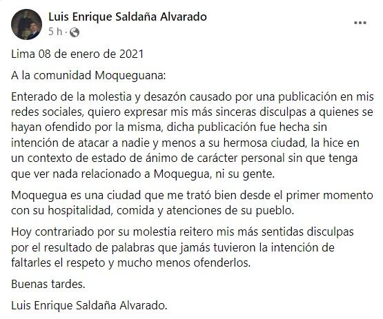 El post de disculpa del reportero gráfico de la PCM Luis Saldaña Alvarado. (Foto: Facebook Luis Enrique Saldaña Alvarado)
