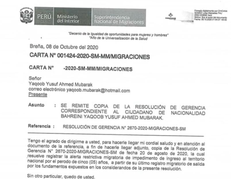 Comunicado de Migraciones a Jacoob Mubarak