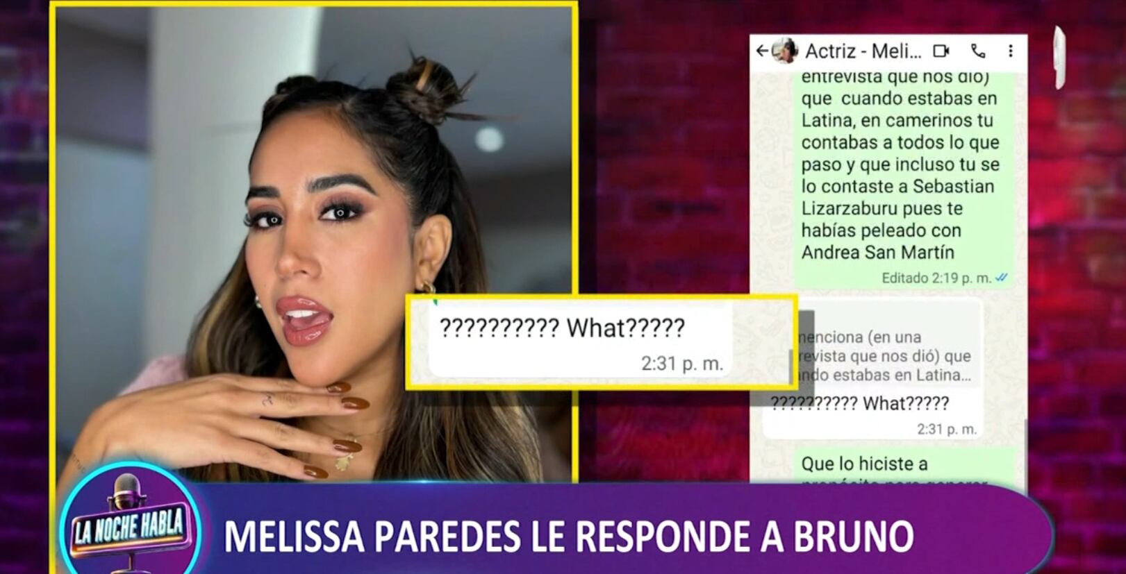 Melissa Paredes sorprendida porque Bruno Agostino dijo que ella le contó sobre el 'trío' a Sebastián Lizarzaburu.
