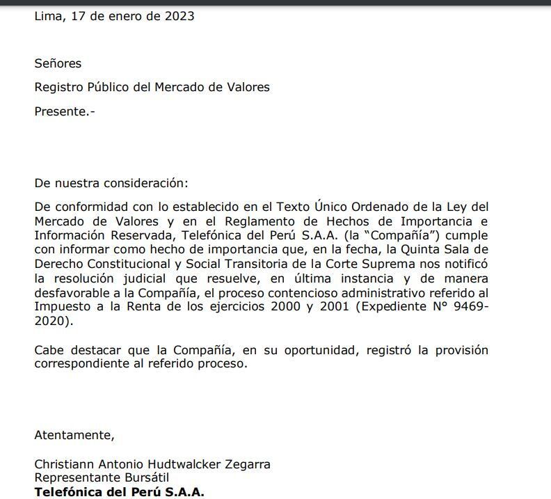 Telefónica pagará más de 850 millones de dólares por impuestos, tras sentencia del Poder Judicial. (SMV)