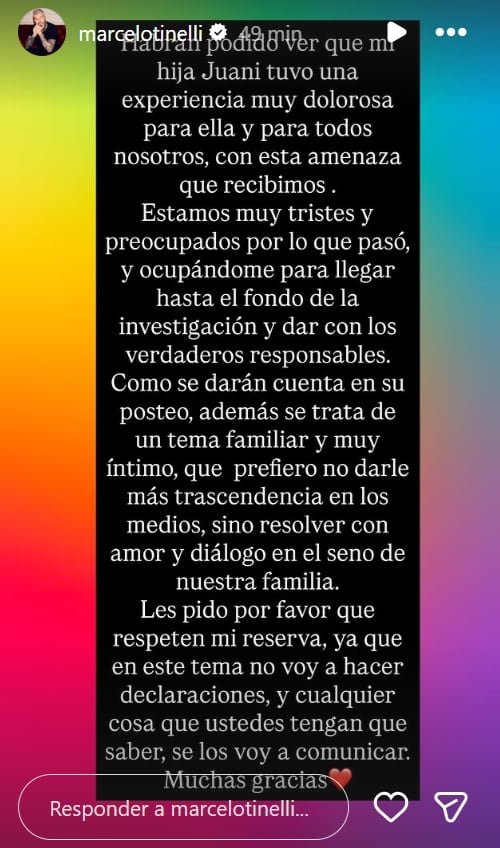 Marcelo Tinelli se pronuncia luego que su hija Juanita informara que recibió amenazas de muerte.