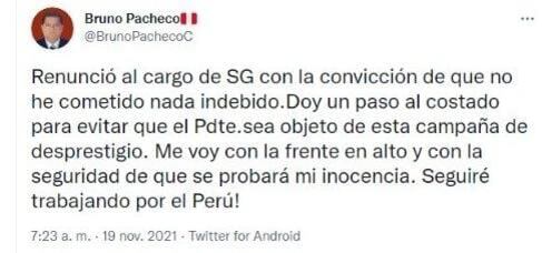 Bruno Pacheco publicó un tuit confirmando que renunciaba al cargo, pero este fue eliminado en cuestión de minutos.