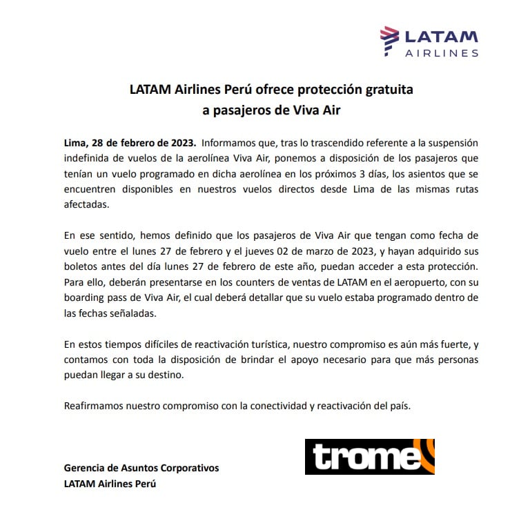 LATAM Perú emite comunicado.