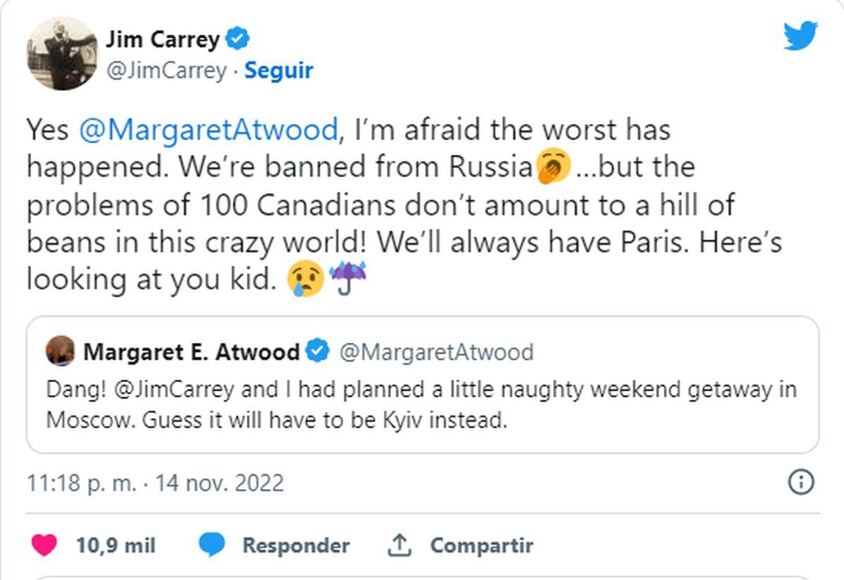 Los tuits de Atwood y Carrey (Foto: Jim Carrey / Twitter)