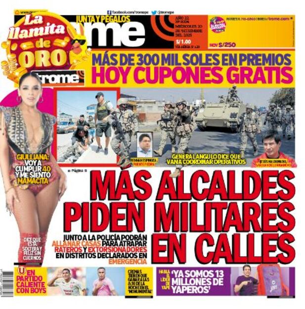 Portada impresa de Trome del miércoles 20 de septiembre