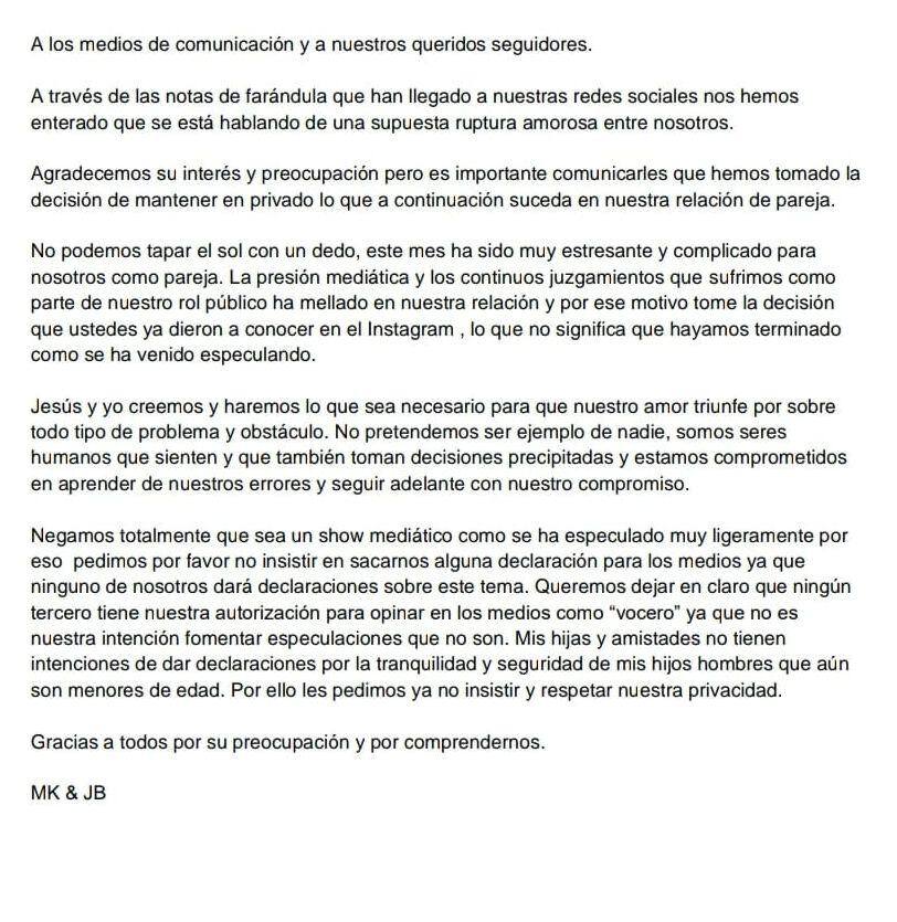 El comunicado que lanzó Melissa Klug lanza en febrero de 2023.