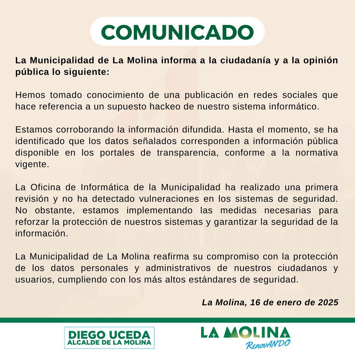 La Municipalidad de La Molina emitió el comunicado en sus redes sociales oficiales.