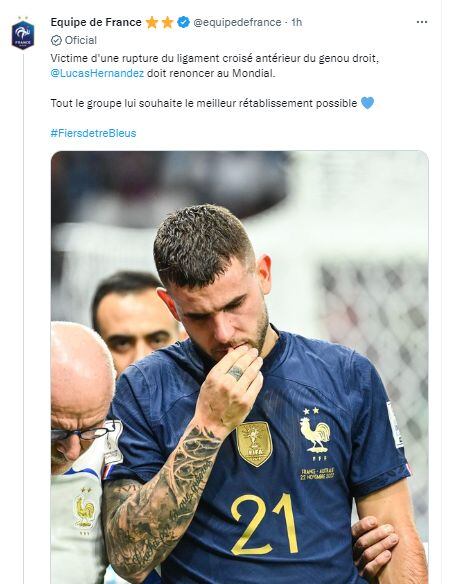 La publicación de la selección de Francia sobre Lucas Hernández.