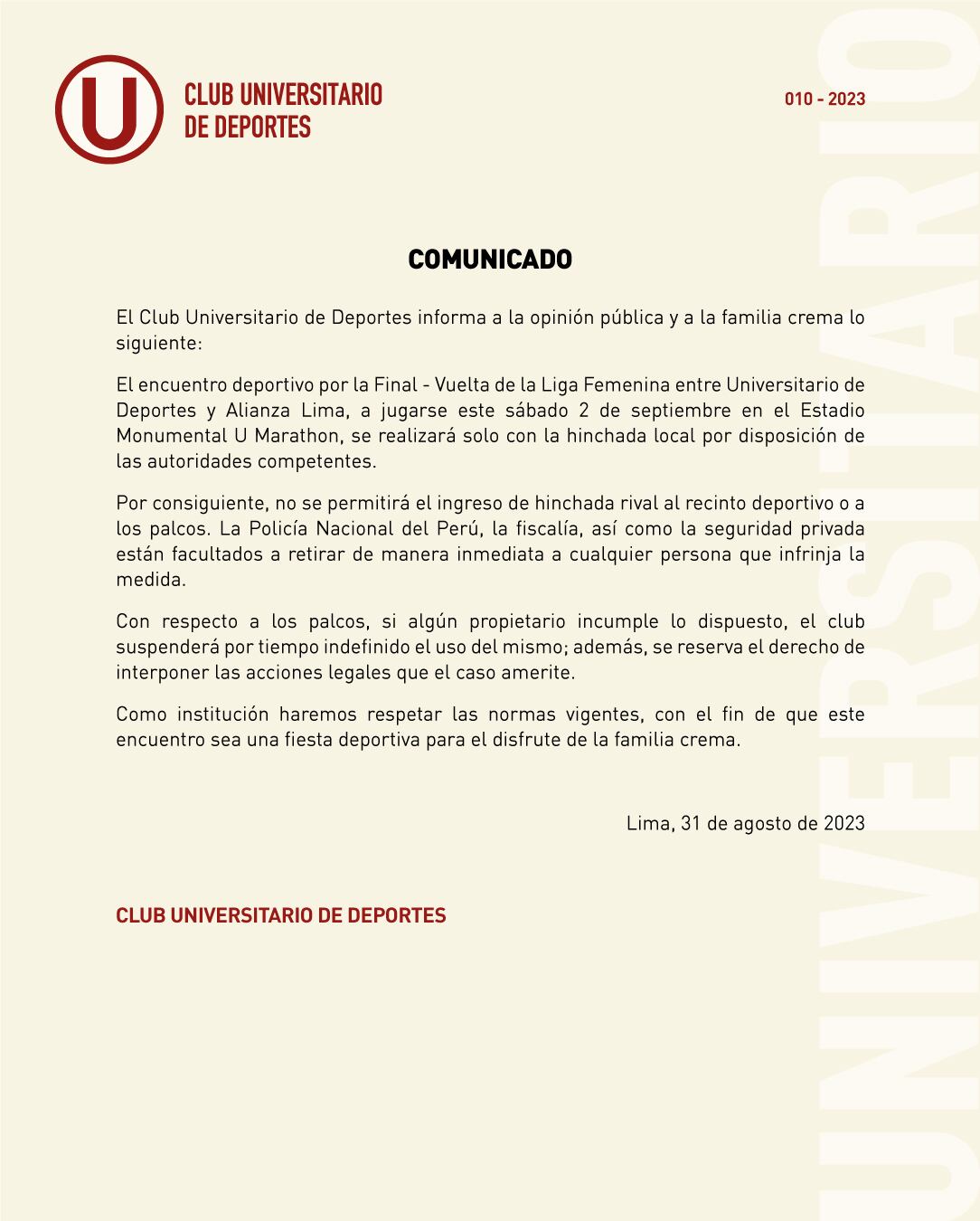 El comunicado de Universitario en redes sociales. (Foto: Universitario)