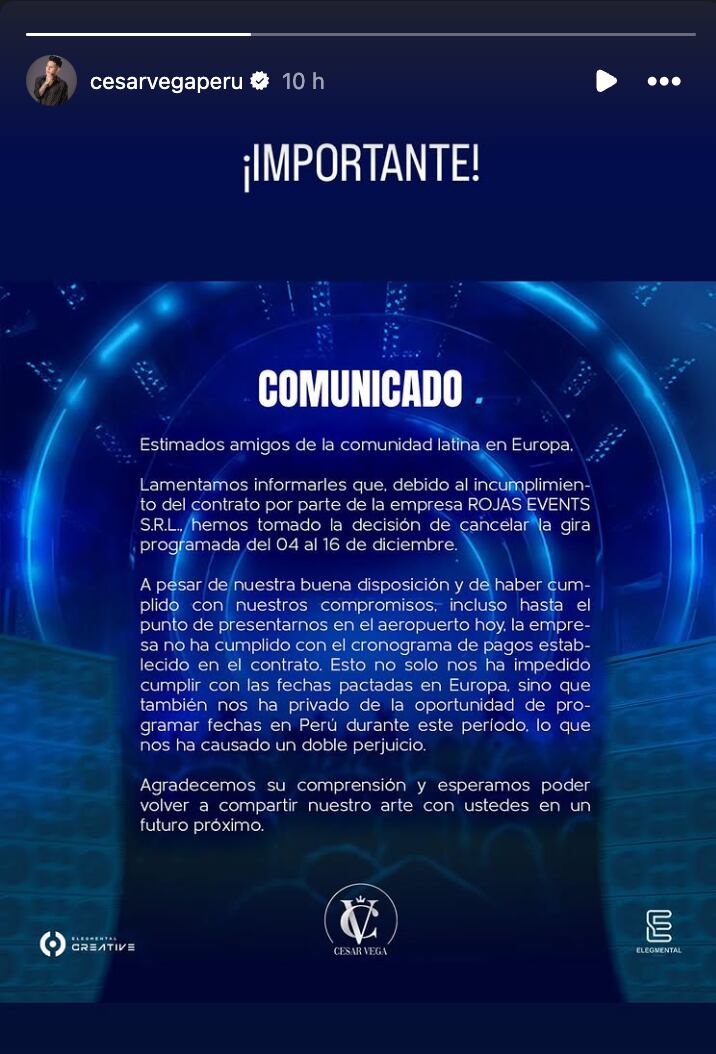 César Vega comunicado sobre gira en Europa