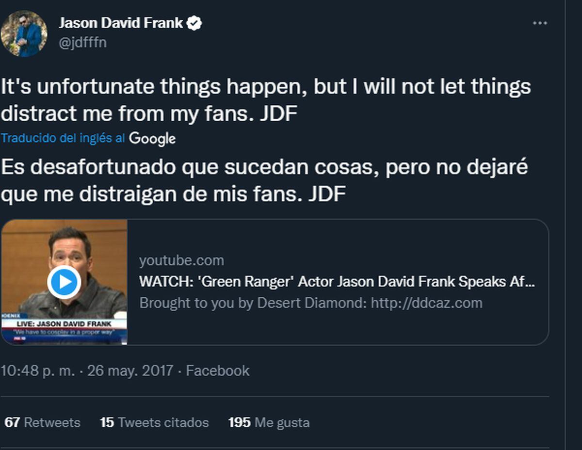 El post del artista tras lo ocurrido esa vez (Foto: Jason David Frank / Twitter)
