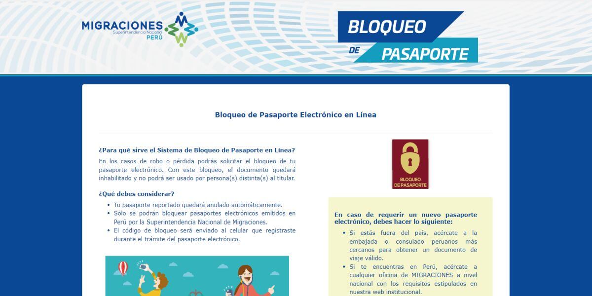 Para bloquear tu pasaporte debes acceder a la plataforma virtual “Bloqueo de Pasaporte” que administra Migraciones (Imagen: Migraciones)