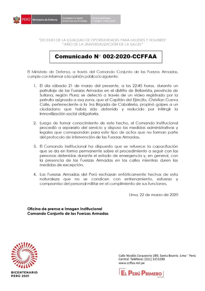 Comunicado oficial de las Fuerzas Armadas