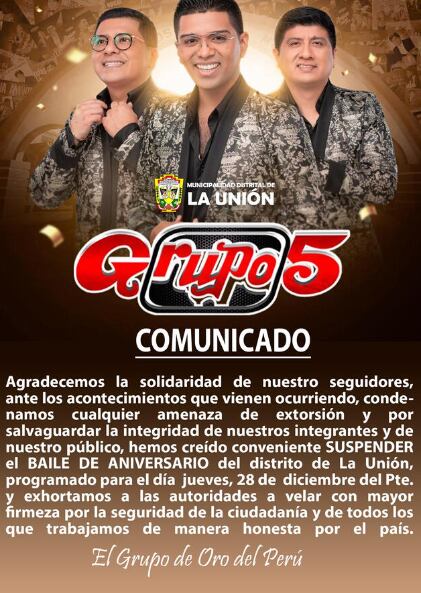 Municipalidad se pronuncia por cancelación de concierto del Grupo 5