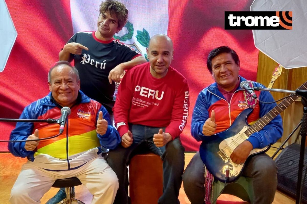 Marco Polo Campos, Los Shapis y Miguel Vergara durante la grabación del video clip de 'Contigo Perú'